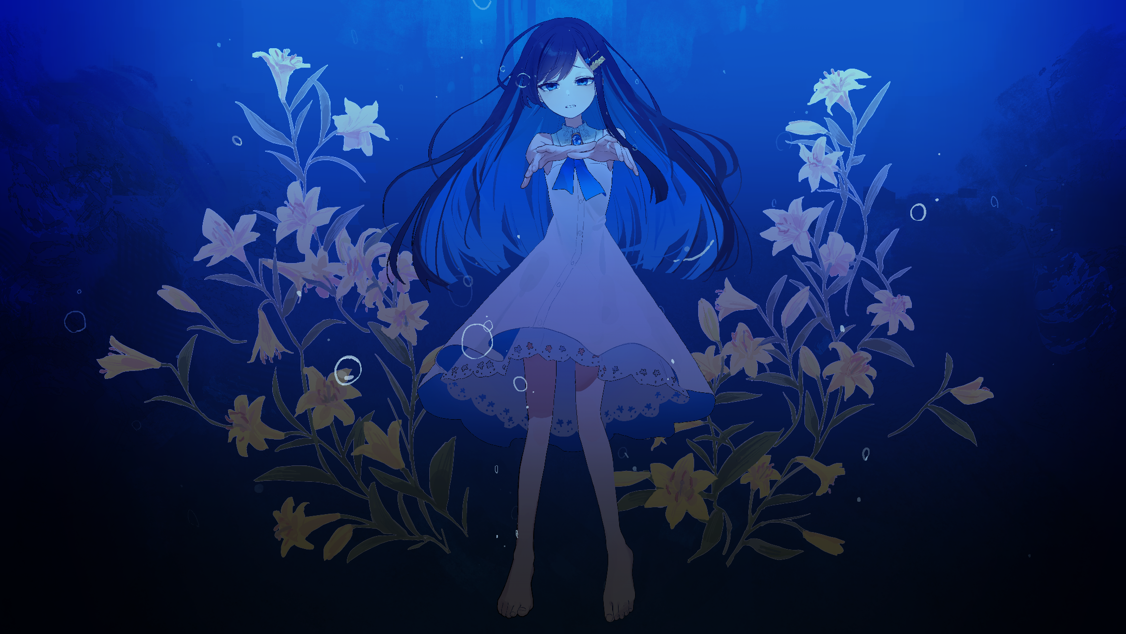 双葉湊音のイラスト、青い背景、黄色い花に囲まれている。